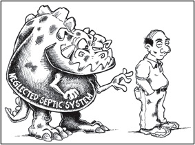 Cartoon of neglected septic system depicted as a monster sneaking up on a disaffected looking man.