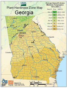 Plant hardiness zone map of Georgia, ranging from 6b to 9a.