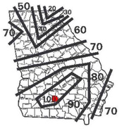 Map of Georgia showing the average number of days above 90 degrees per year. Ranges from 20 to 100.