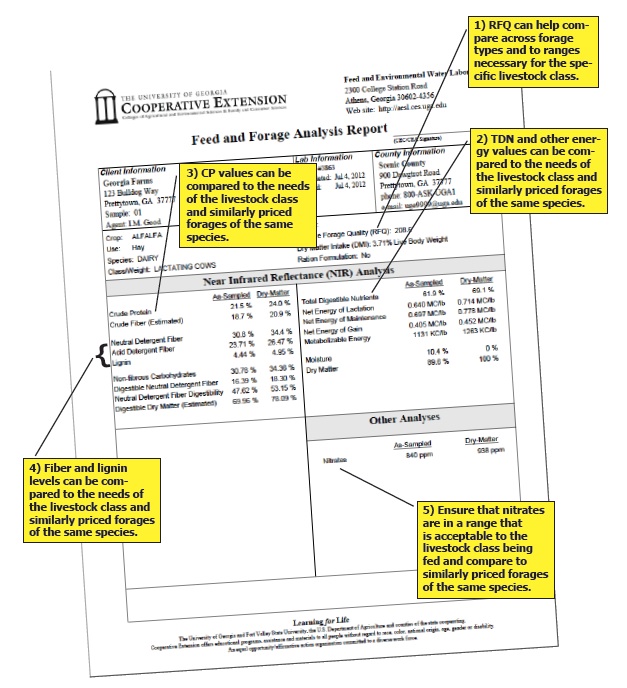 Sample Feed and Forage Analysis Report with severa annotations. 1) RFQ can help compare across forage types and to ranges necessary for the specific livestock class. 2) TDN and other energy values can be compared to the needs of the livestock class and similarly priced forages of the same species. 3) CP values can be compared to the needs of the livestock class and similarly priced froages of the same species. 4) Fiber and lignin levels can be compared to the needs of the livestock class and similarly priced forages of the same species. 5) Ensure that nitrates are in a range that is acceptable to the livestock class being fed and compare to similarly priced forages of the same species.