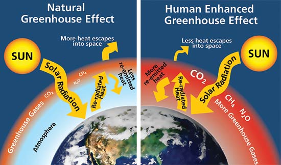 Comparison of the natural greenhouse effect and the human enhanced greenhouse effect. In the natural effect, solar radiation enters the atmosphere and some heat is re-radiated and re-emitted due to gases in the upper atmosphere, but more heat escapes into space. In the human-enhanced effect, more greenhouse gases result in more heat being re-emitted into the atmosphere and less heat escaping into space.