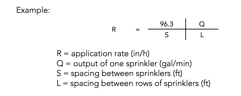 Example: R = 96.3 / S * Q / L. R = application rate (in/h). Q = output of one sprinkler (gal/min). S = spacing between sprinklers (ft). L = spacing between rows of sprinklers