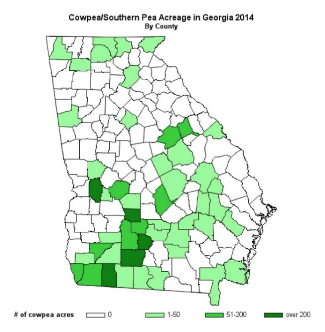 Map of cowpea/southern pea acreage in Georgia in 2014, by county. The map has each county of Georgia outlined and colored white for 0 acres of cowpeas, light green for 1-50, medium green for 51-200, and dark green for over 200 acres. The light green counties are scattered throughout the state, and the medium and dark green counties are mostly in the southwest part of the state.