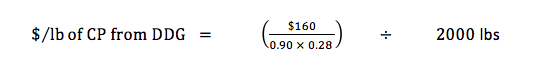 $ per lb of CP from DDG = ($160/0.90 * 0.28) / 2000 lbs