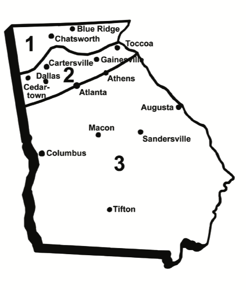 map of Georgia split into three grape horticultural regions