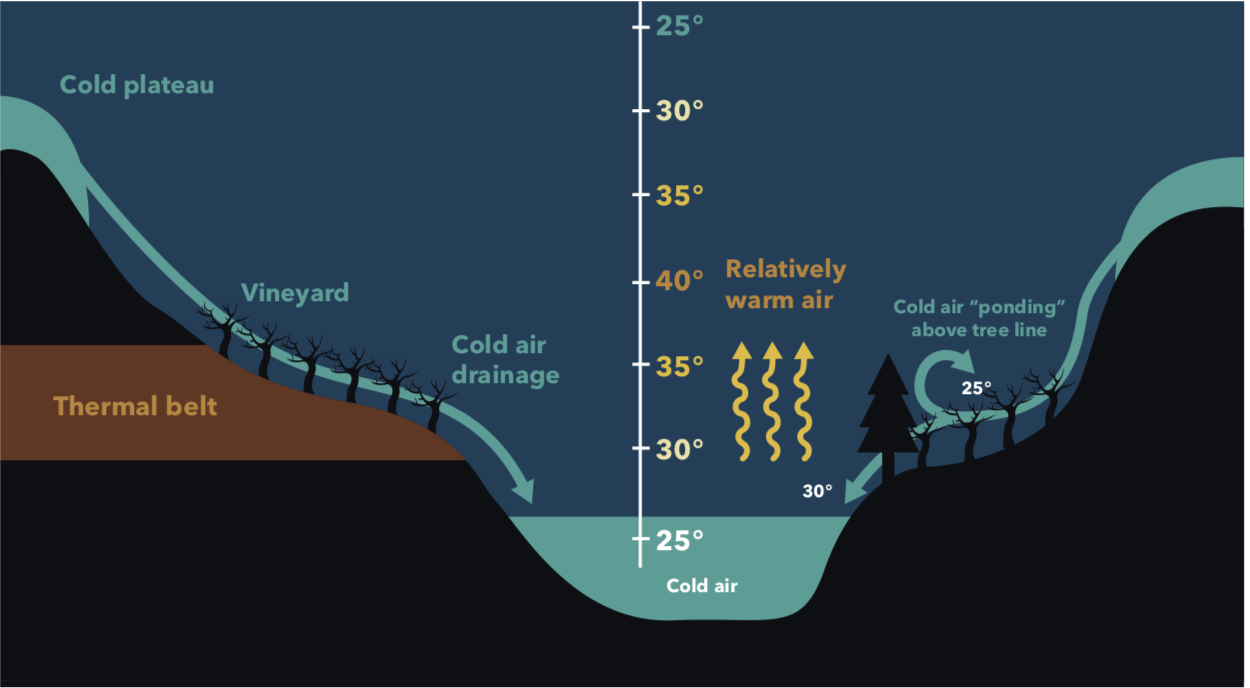 Valley topography results in a middle warm area and colder areas below and above. Cold air 