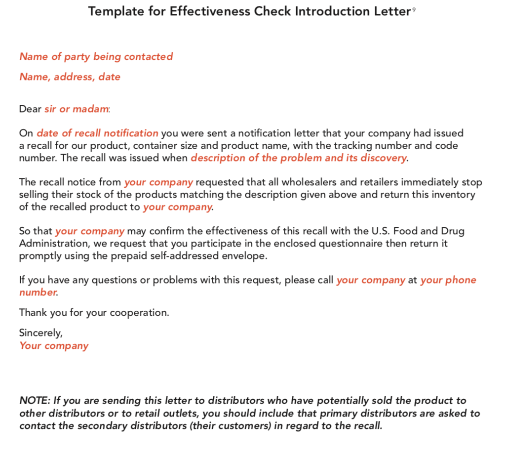 Template for effectiveness check introduction letter