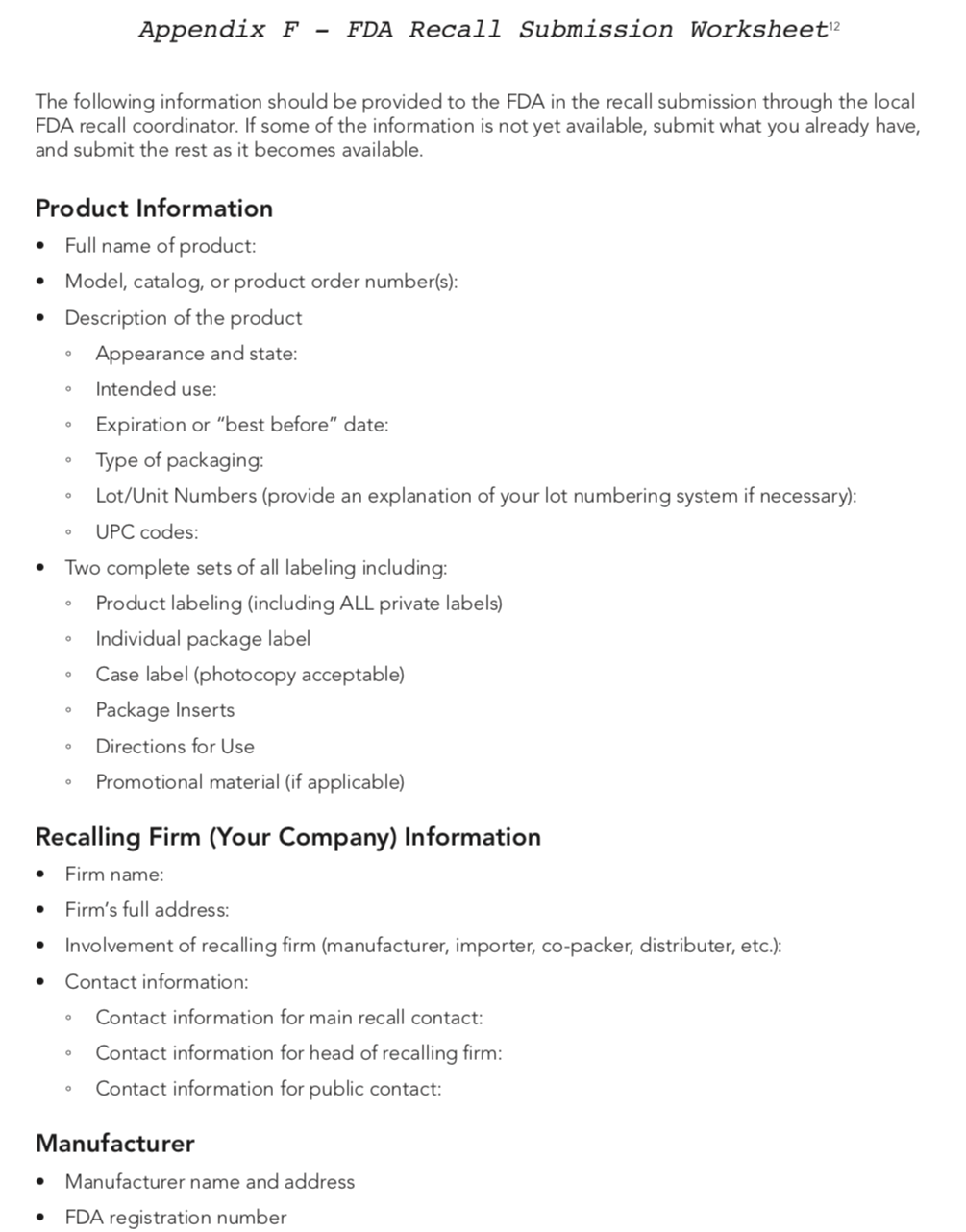 Fda Product Recall Procedure Template