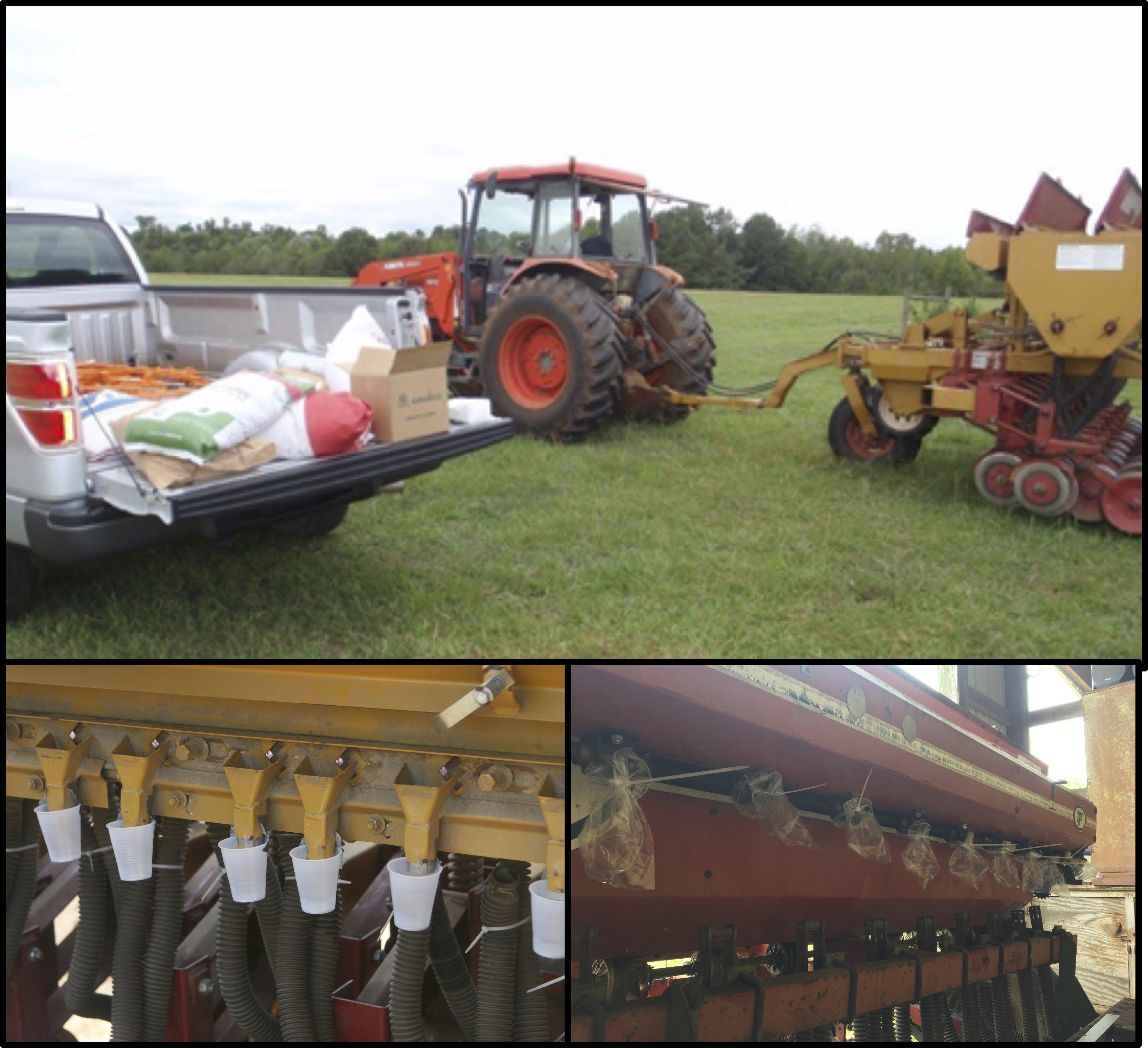 Three panels showing a seed drill. The first shows the drill attached to a tractor with supplies in a truck bed. The second shows the drill with plastic cups attached to the metering units to catch the seed. The third shows a similar setup to the second image, but with plastic bags to catch seed instead of cups.
