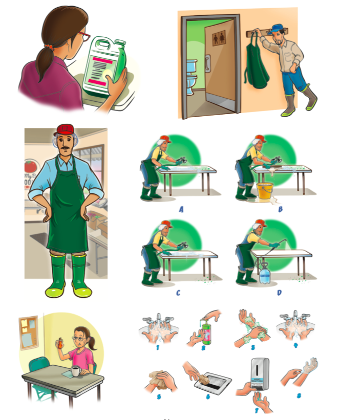 Illustrations of various safety and cleanliness practices: reading product labels, wearing proper PPE, cleaning surfaces, and proper hand washing