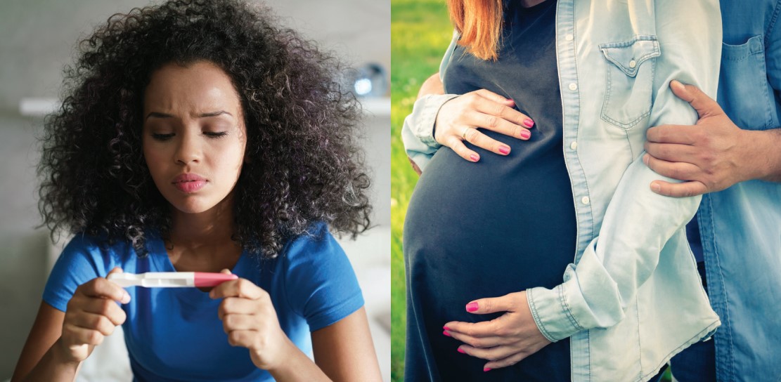 Woman checking pregnancy test and a woman pregnant