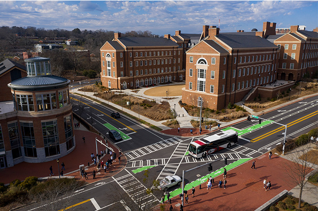 Crosswalk and college buildings