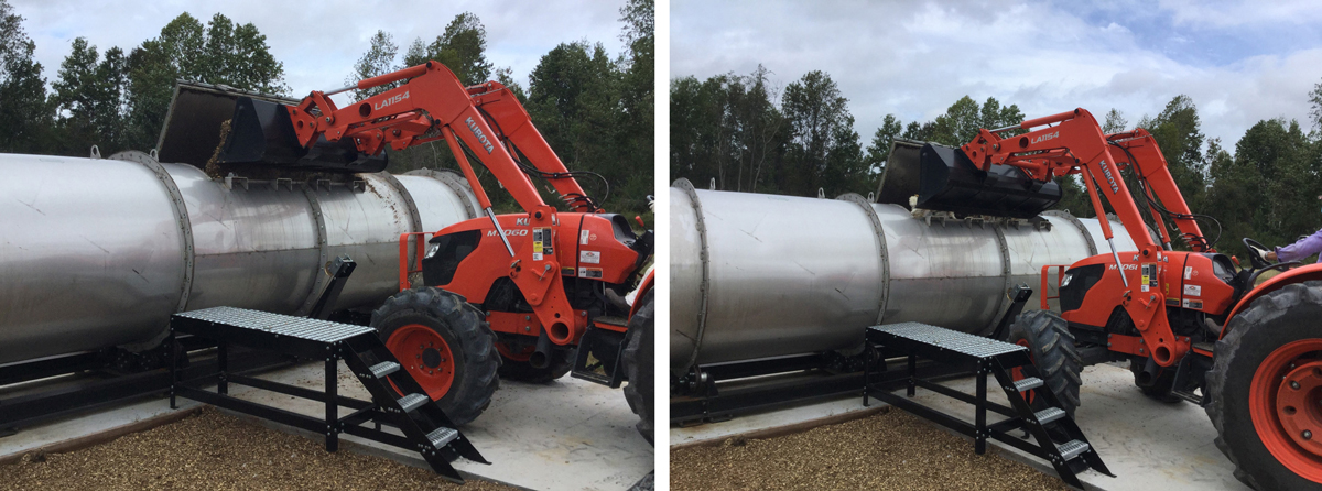 Loading carbon material and carcasses into a drum composter using a front-end loader