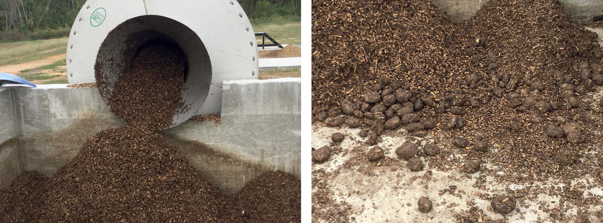 Material exiting the drum after a full cycle looks like any well-broken-down brown compost material. On the right, lumps of chicken meat appear as rounded brown lumps of material.