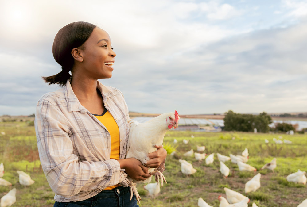 A woman holds a chicken while staring out over the farm where other chickens are roaming on the ground.