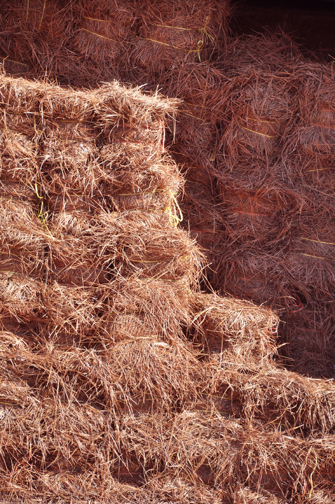 Pine straw bales are stacked inside a trailer for transport and storage