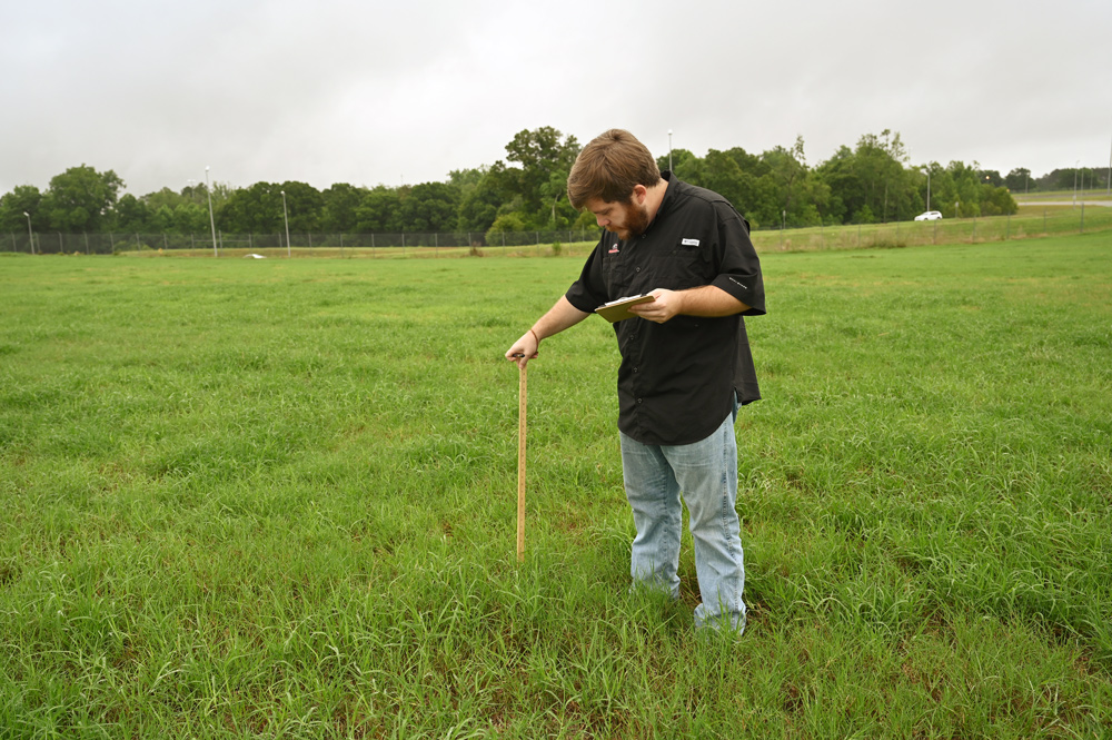 Hold the grazing stick perpindicular to the ground and observe where the forage height falls on the measurements.