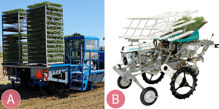 a pair of blue transplanting machines