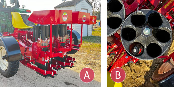 a red transplanting machine featuring a round chamber for loading seedlings