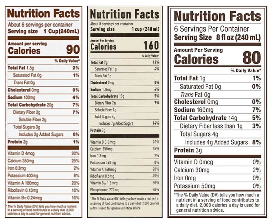 Three Nutrition Facts labels side by side show the comparative nutritional values of different brands.