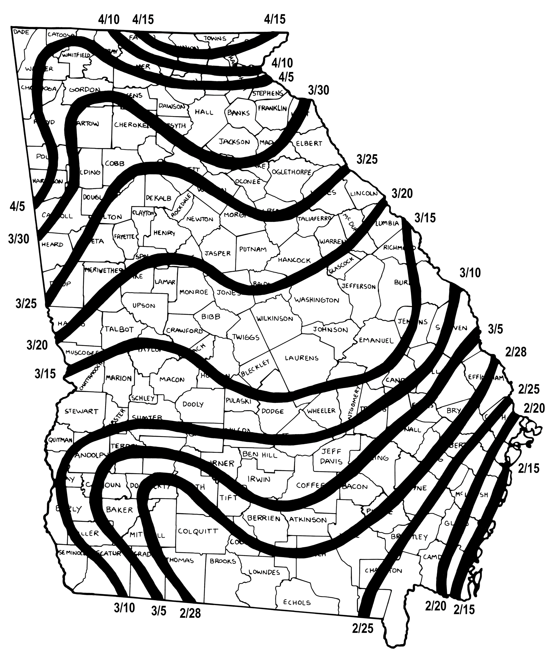 Fechas aproximadas de la última helada (temperatura menor o igual a 32° F) en primavera.