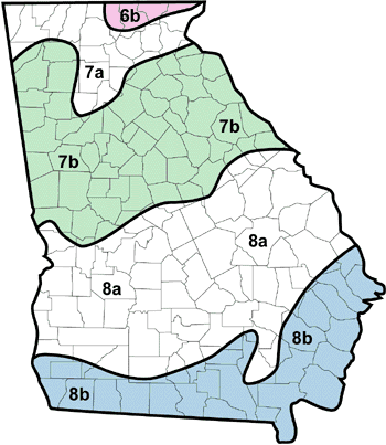 map of georgia showing plant hardiness zones from 6b to 8b