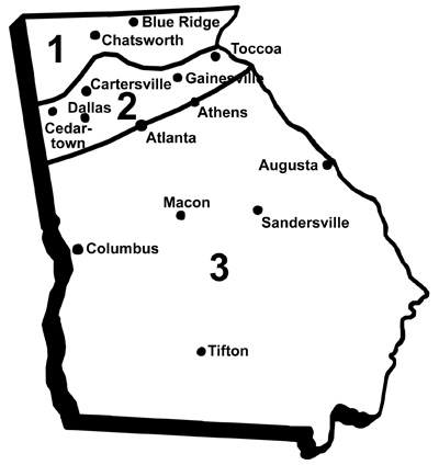 Map of Georgia divided into 3 areas with cities in each section marked. Section 1 includes Blue Ridge and Chatsworth. Section 2 includes Cedartown, Dallas, Cartersville, Gainesville, and Toccoa. Atlanta and Athens are on the border between Section 2 and 3. Section 3 includes Columbus, Macon, Augusta, Sandersville, and Tifton.