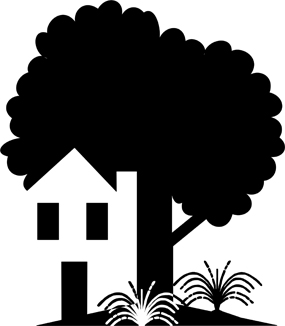 Silhouette of a house, tree, and grass in the yard