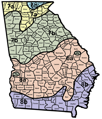 USDA plant hardiness zones for Georgia, ranging from 6b to 8b.