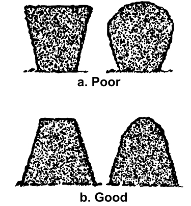 Poor and good hedge pruning. Poorly pruned hedges are wider at the top, while well pruned hedges are tapered towards the bottom.