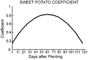 Sweet potato crop coefficient by days after planting. Coefficient follows a bell shape with a peak around 60 days after planting