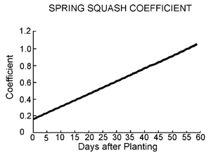 Spring squash crop coefficient by days after planting. Coefficient increases linearly.