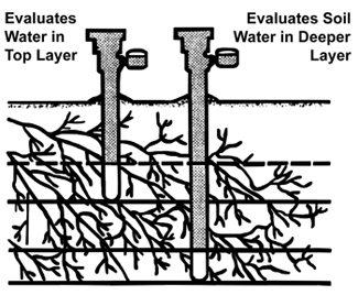 Diagram of tensiometer that evaluates water in top layer and one that evaluates soil water in deeper layer