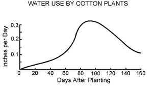 Water use by cotton in inches per day by days after planting. Water use increases gradually until about 60 days, then sharply until 80 days, where it peaks then decreases