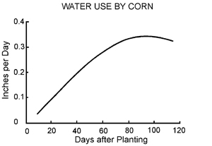 Water use by corn in inches per day by days after planting. Water use increases consistently until about 90 days after planting when it reaches a peak