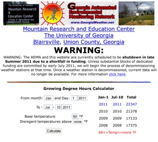 Screenshot of growing degree days (GDD) accumulated at the Mountain Research and Education Center in Blairsville, Ga.