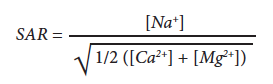 Equation to calculate Sodium Adsorption Ratio. SAR = [Na+] divided by the square root of 1/2([Ca2+] + [Mg2+])