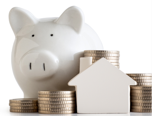 Piggy bank, stacked coins, and ceramic house