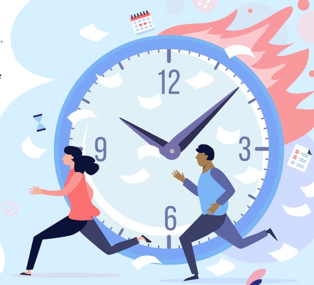 Two people running past a clock on fire.