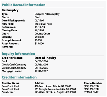 Sample credit report showing public record and creditor information