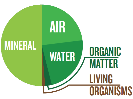 pie chart showing composition of ideal soils: 50% minerals, 23.5% air, 23.5% water, 2.5% organic matter, 0.5% living organisms