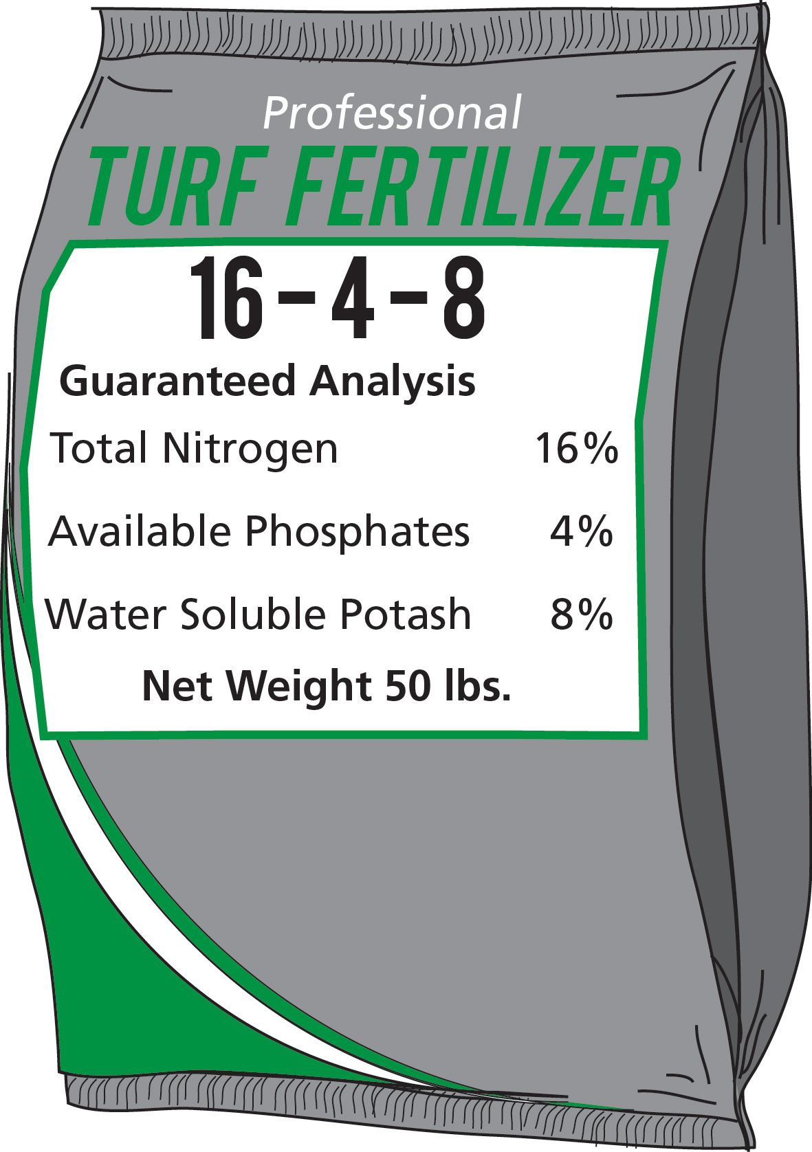 Bag of fertilizer labeled as professional turf fertilizer with 16-4-8 percentages of nitrogen, phosphate, and potash.