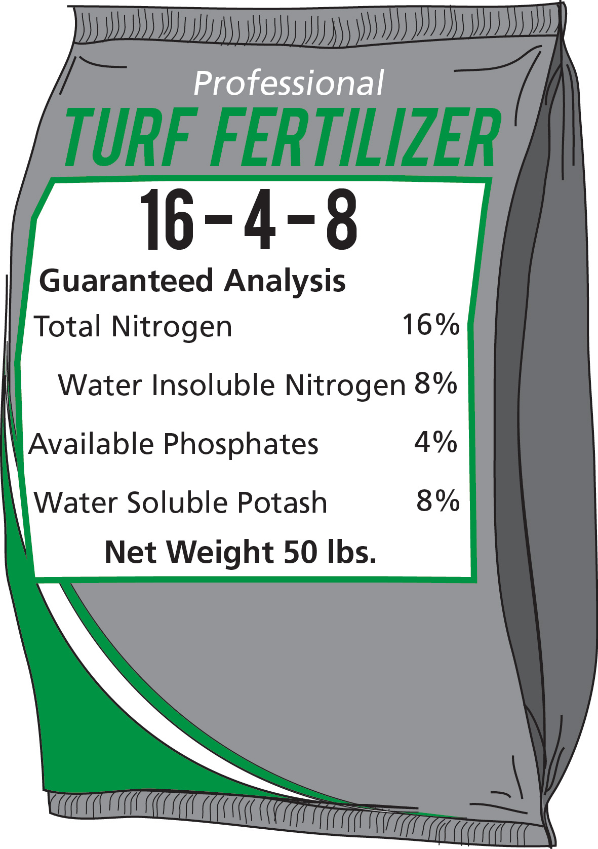 Bag of 16-4-8 fertilizer with the breakdown of nitrogen, showing 16% total nitrogen and 8% water insoluble nitrogen.