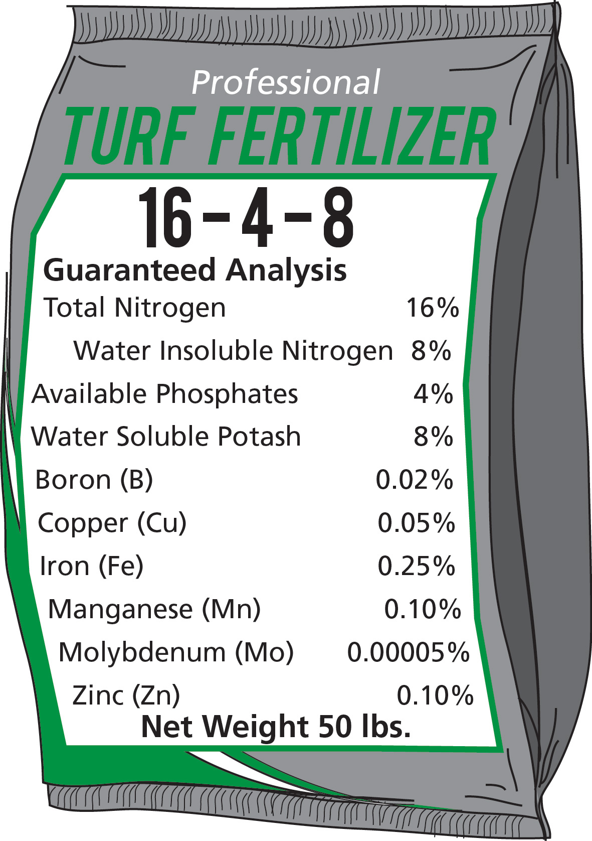 Bag of 16-4-8 fertilizer with detailed breakdown of the nitrogen and list of other elements in addition to the nitrogen, phosphate, and potash.