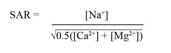 SAR = [Na+] / square root of 0.5([Ca2+] + [Mg2+])