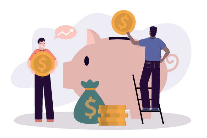 Illustration of two people holding up giant coins and putting them in a piggy bank