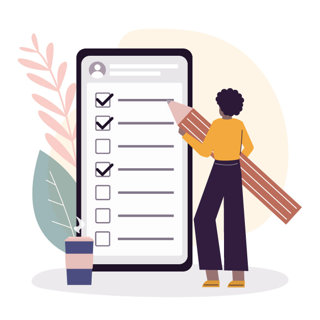 Illustration of a person holding a giant pencil to check things off a to-do list on a giant phone
