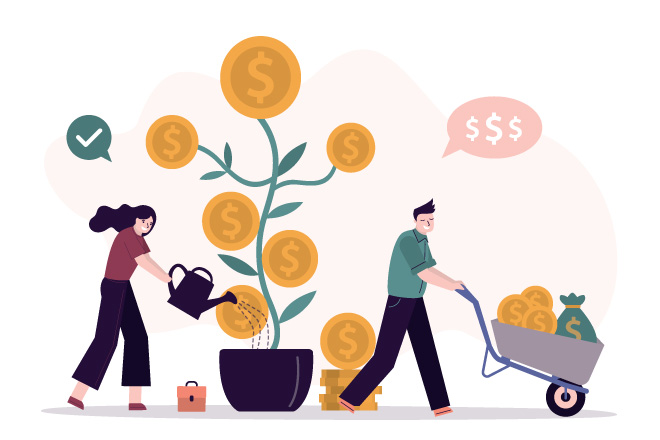 Illustration of a person watering a tree growing coins as another person wheels away a wheelbarrow of coins and money