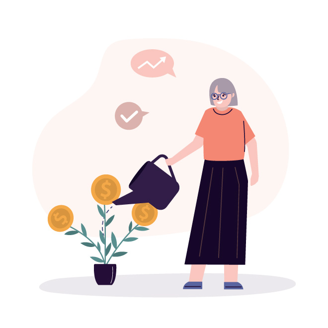 Illustration of a person watering a plant growing coins