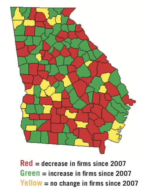 Map of changes in number of Georgia nursery and greenhouse firms by county from 2007 to 2012. There is no clear regional trend to the change in the number of firms.
